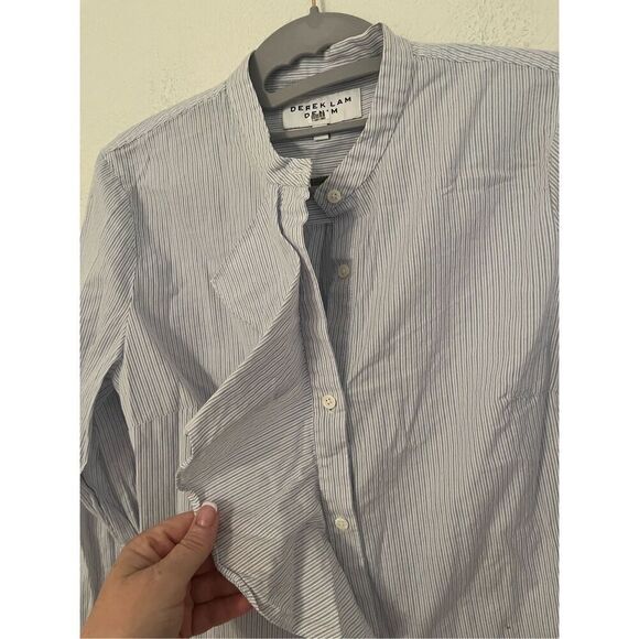 Derek Lam Light Blue & White Pinstripe Ruffle Front Blouse - Picture 2 of 6